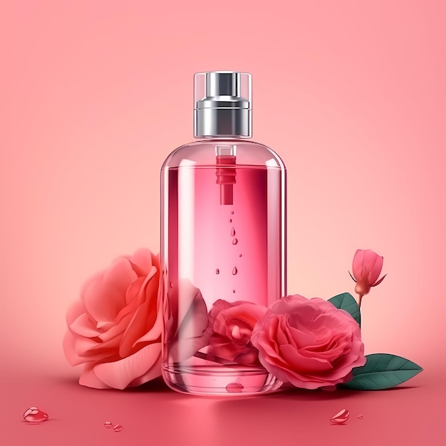 Roze parfumfles op pastelroze achtergrond rozen als set dressing schone productflessen zonder labels