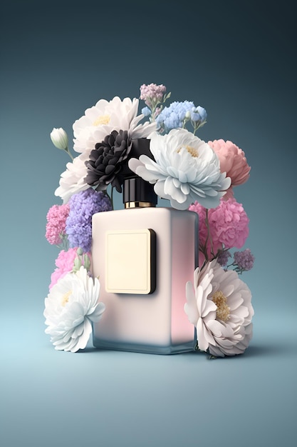 Roze parfumflesje met bloemen op blauwe achtergrond close-up Zwarte dop transparant glas container Beauty concept Afbeelding wordt gegenereerd van een AI Moderne luxe dame parfum de toilette