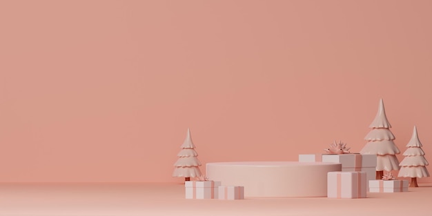 Roze pastel cilinder podium in kerst achtergrond decor door kerstboom geschenkdozen lint concept scène podium showcase product parfum promotie verkoop presentatie cosmetische 3D render illustratie