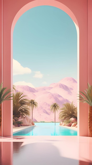 Roze pastel mystiek droomeiland berg achtergrond telefoon hd wallpaper ai gegenereerd