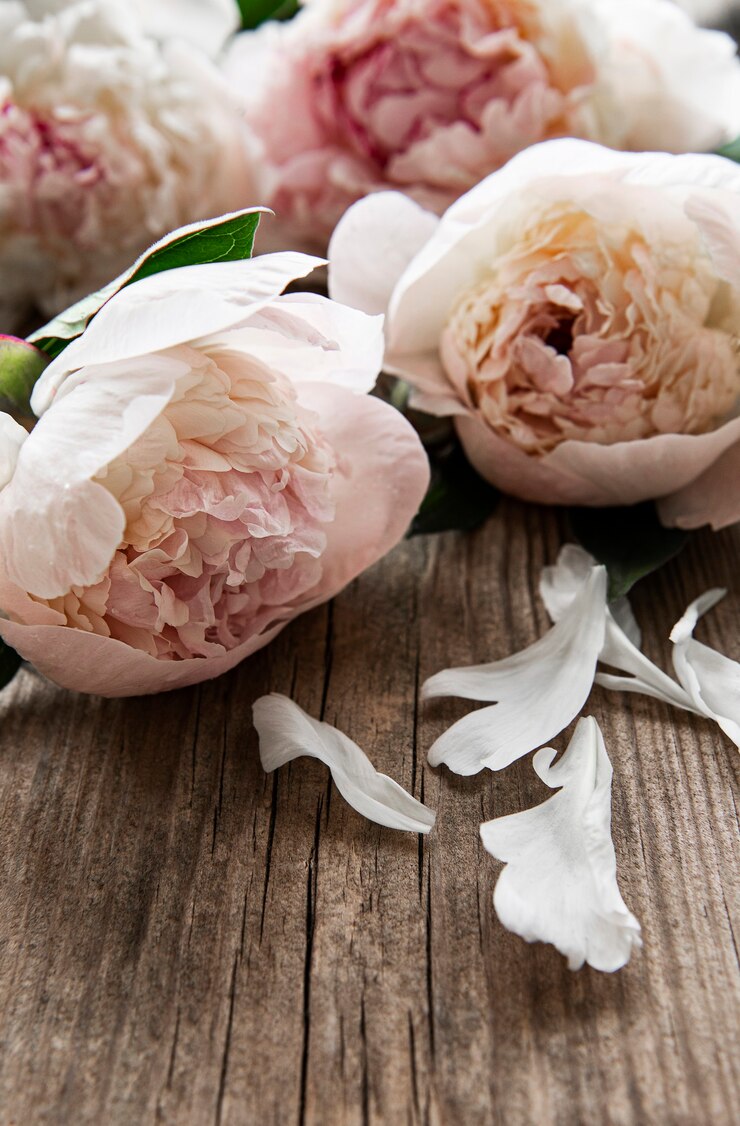 Foto roze pioen bloemen op een oude houten tafel