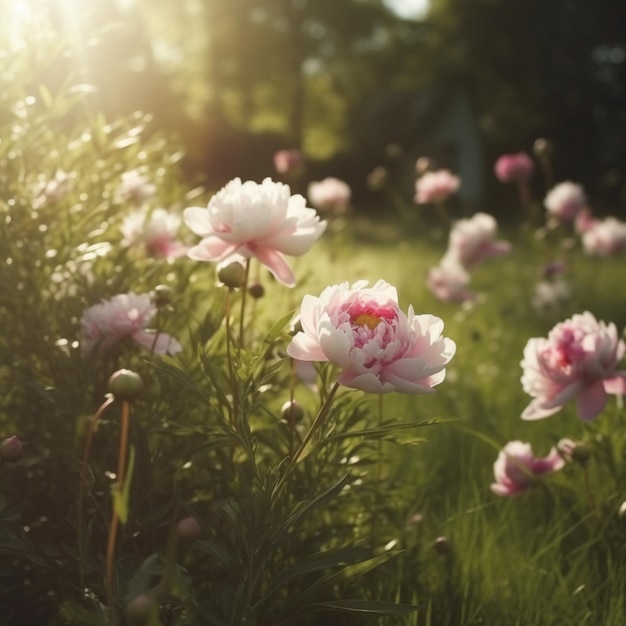 Foto roze pioenrozen bloemen lente ochtend hd camera-opname voor social media post