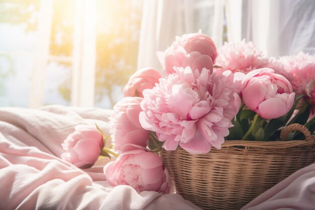 roze pioenrozen in de mand op een bed