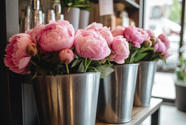 Roze pioenrozen in emmervazen in bloemenwinkel