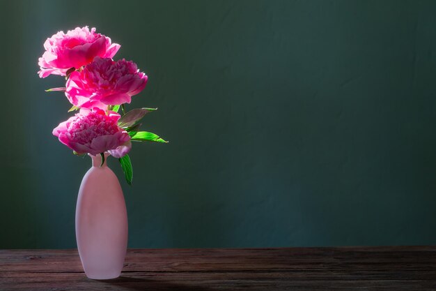 Roze pioenrozen in roze vaas op groene achtergrond