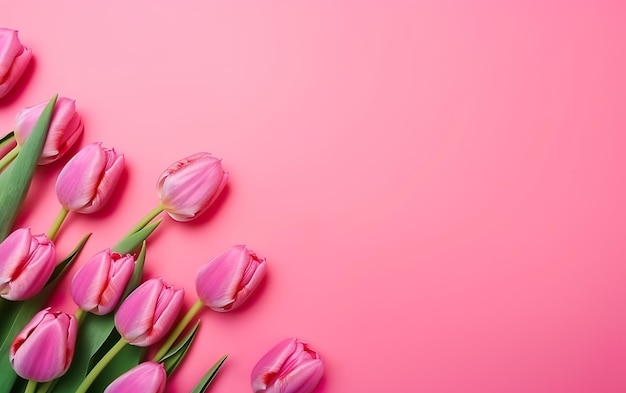 Roze pioenrozen op een rij op een roze achtergrond met kopieerruimte AI Generative AI