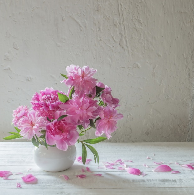 Roze pioenrozen op oude witte muur als achtergrond