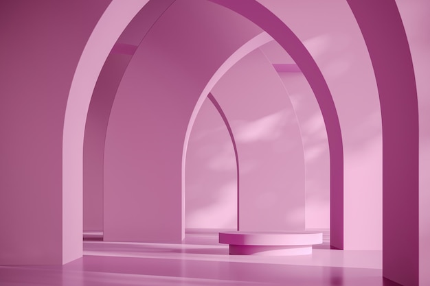 Roze platform op abstracte boogachtergrondmodelscène voor productpresentatie