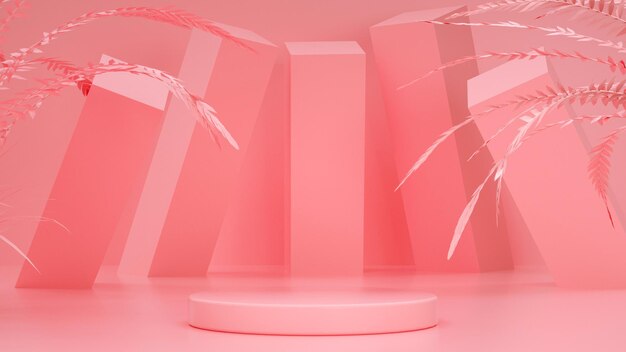 Roze podium met abstracte vormen met bladeren staan voor producten 3D-rendering