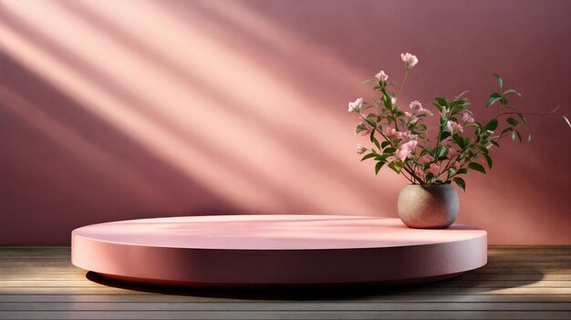 Roze podium met bloemen op roze achtergrond 3d render AI Generative