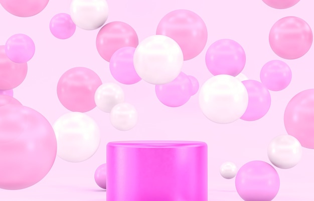 Roze podiumdecor voor productvertoning met ballonnen.