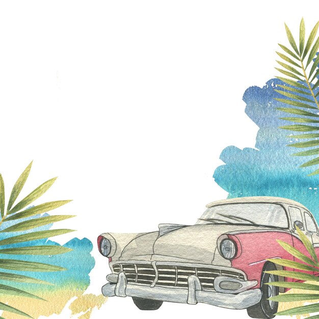 Roze retro auto met tropische palmbladeren tegen de blauwe hemel Aquarel illustratie hand getekend Sjabloon leeg op witte achtergrond voor ansichtkaart zomer strand poster souvenir print sticker