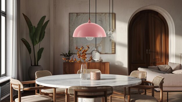 Roze retro hanglamp boven een marmeren tafel in een eclectische eetkamer Generatieve Ai