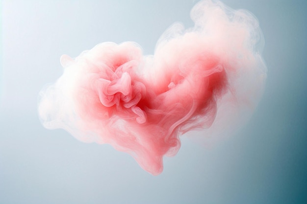 Roze rokerig hart op blauwe achtergrond Hartteken van roze rook Hart gemaakt van mist hartvormige wolk Minimaal liefdesconcept Valentijnsdag groetjeskaart romantische achtergrond