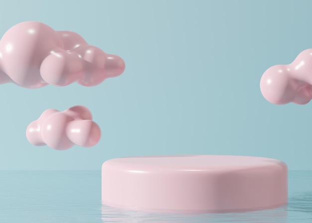 Roze ronde podium met 3D-wolken op blauwe achtergrond Pastelkleuren Stage voor product cosmetische presentatie Minimalistische mock-up Pedestalplatform voor schoonheidsproducten Leeg scène 3D-rendering