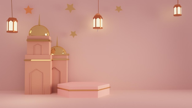 Roze roos 3d islamitische decoratie display podium groeten bericht kopie ruimte moskee hangende lantaarn