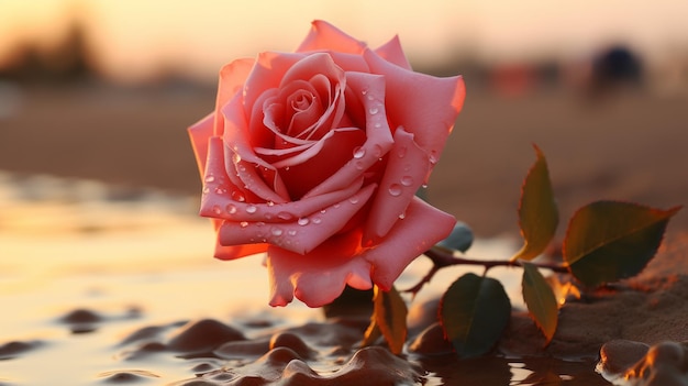 roze roos in het zand met waterdruppels erop