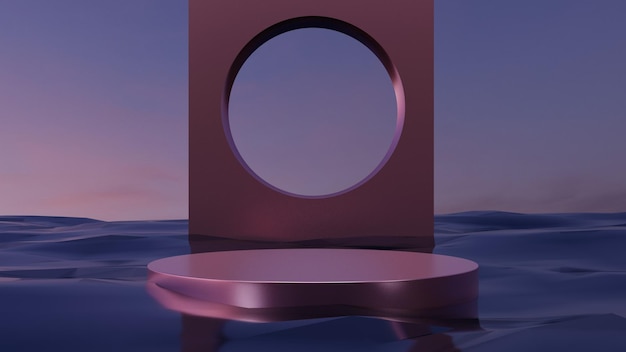 roze roségouden podium op water, abstract geometrisch leeg voetstuk voor productshowcase, 3D Render