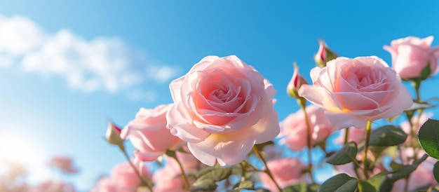 Roze roze bloem in de tuin op blauw hemelzonlicht met bokeh