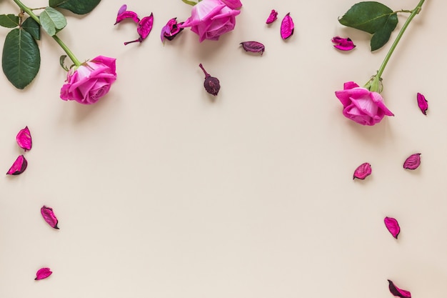 Roze roze bloemen met bloemblaadjes op tafel