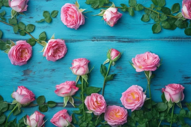 Roze rozen blauwe houten achtergrond Genereer Ai