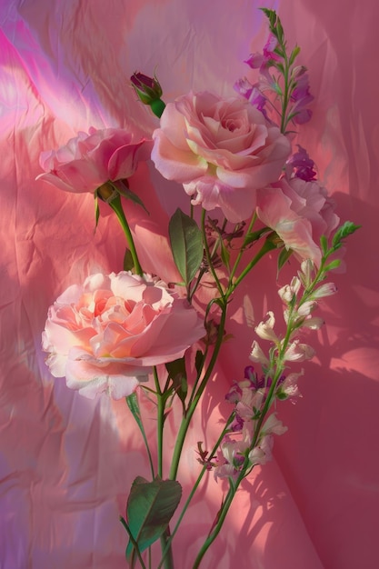Roze rozen en paarse bloemen op een roze achtergrond