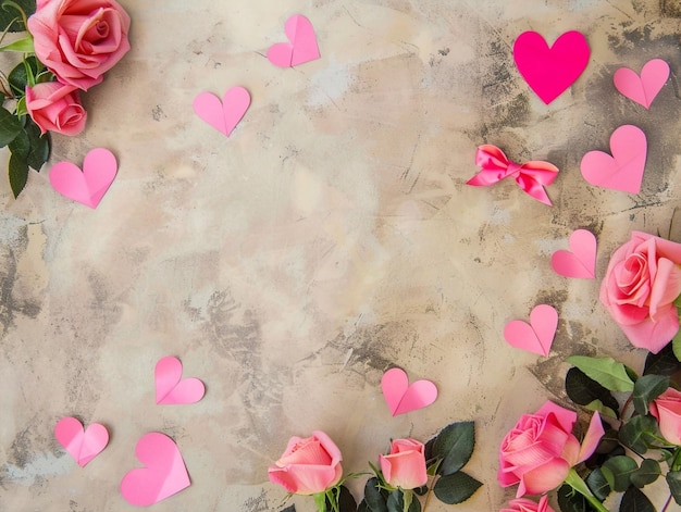 Roze rozen en ranunculus met linten en papier harten elegante betonnen achtergrond