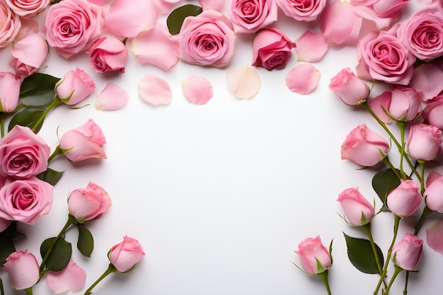 Roze rozen frame op witte achtergrond met kopie ruimte voor bruiloft thema concept bruiloft decor bloemenarrangement roze rozen kopie ruimte witte agtergrond