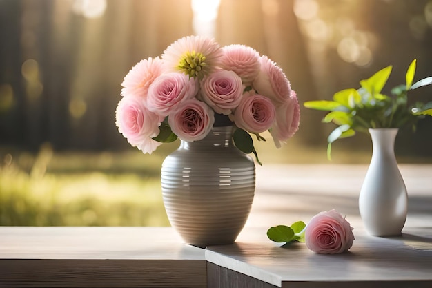 roze rozen in een vaas op een tafel met een zon die door het raam schijnt.