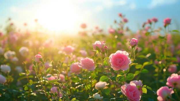 Foto roze rozen in het veld bij zonsondergang prachtig natuurscène met bloeiende bloemen