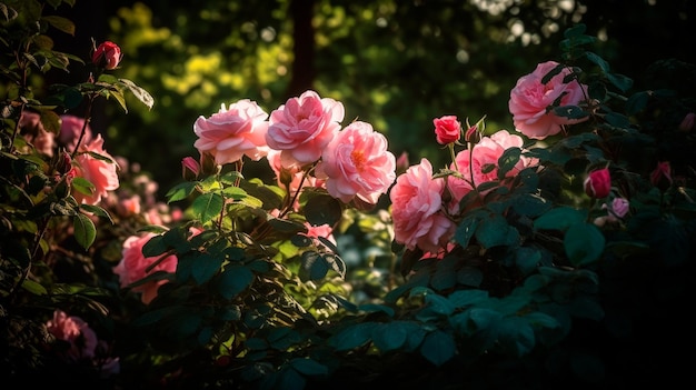 Roze rozen in volle bloei op een tuinstruik een rozenknop op een stok en roze rozen in een tuin met groen blad Generatieve AI