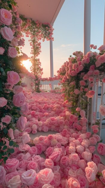 roze rozen liggen verspreid op de grond voor een generatieve ai van het gebouw