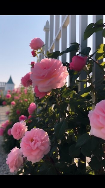 Roze rozen op een hek voor een kasteel