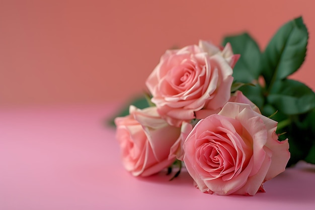 Roze rozen op een tafel tegen een roze achtergrond