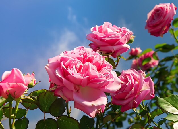 Roze rozen tegen een hemelachtergrond