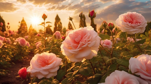 Roze rozenveld in zonsonderganglicht in de stijl van zonnestralen die schijnen op een rozenveld Generatieve AI
