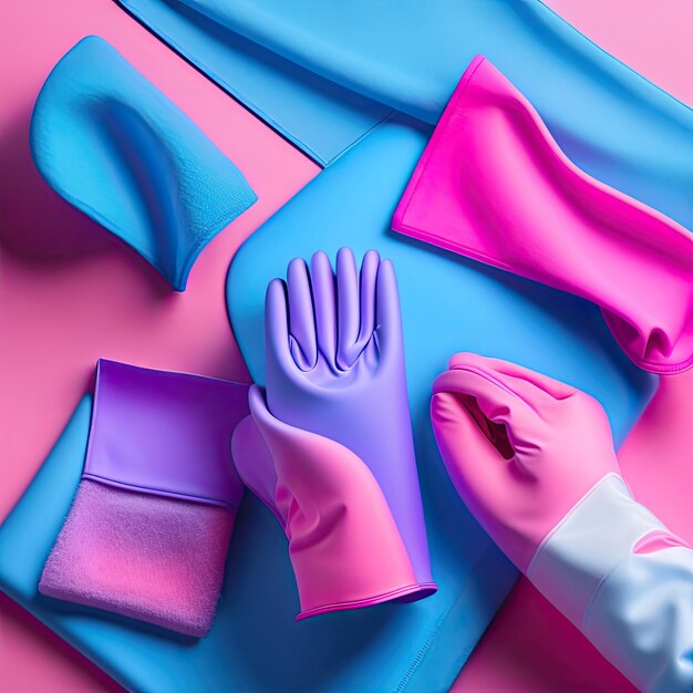 Roze rubberen handschoen en vodden op een roze en blauwe achtergrond Reinigingsserviceconcept