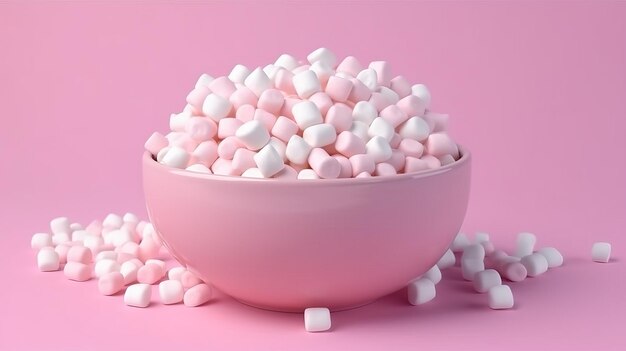 Roze schaal met mini marshmallows op roze achtergrond