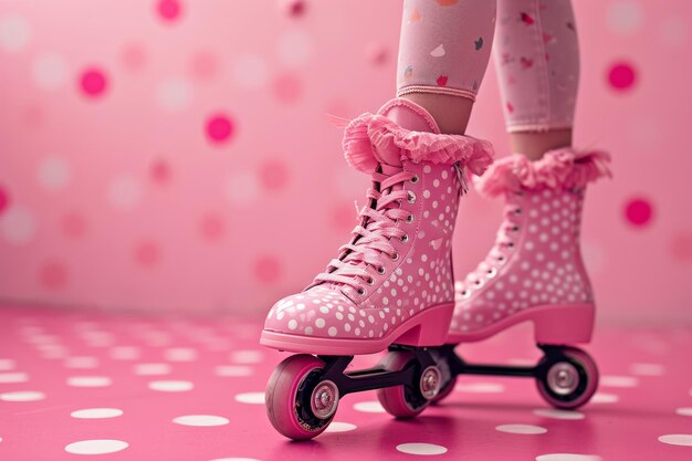 Foto roze schaatsen op roze achtergrond met witte polka's
