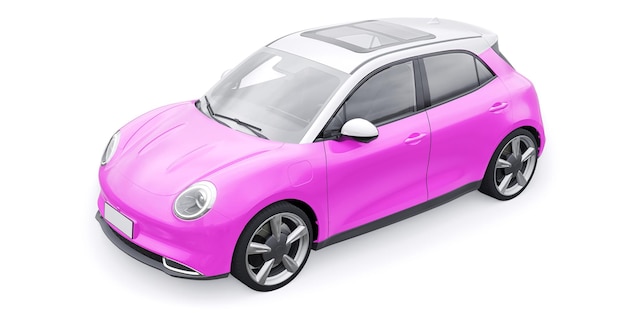 Roze schattige kleine elektrische hatchback auto 3D illustratie