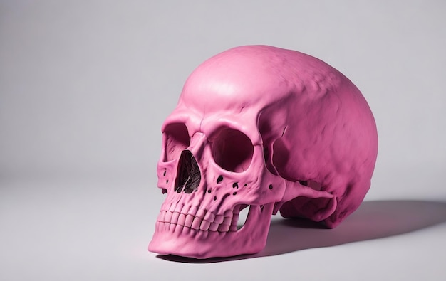 Roze schedel geïsoleerde grijze achtergrond Roze kleur dode schedel geïsoleerd