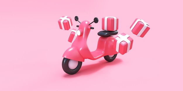 roze scooter met cadeauverpakkingen op roze achtergrond 3d render