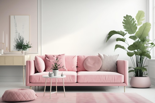 Roze sofa in witte woonkamer en kopie ruimte Foto