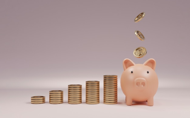 Roze spaarvarken en Amerikaanse dollarmunten die op roze achtergrond vallen voor geldbesparing en stortingsconcept, creatieve ideeën door 3D-renderingtechniek.