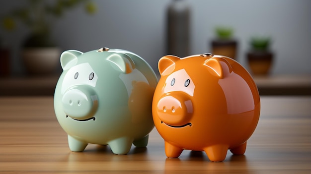roze spaarvarken glimlachend en munten op tafel voor het besparen van geld, rijkdom en financiële concepten