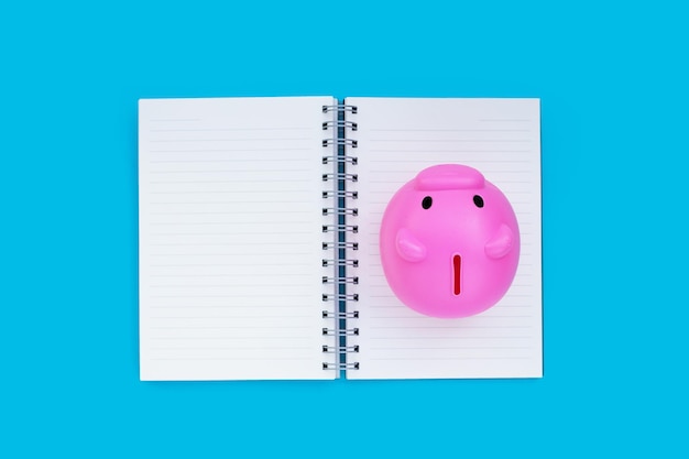 Roze spaarvarken op notitieboekje op blauwe achtergrond