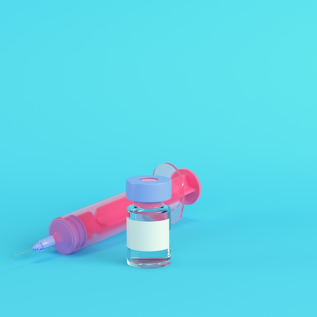 Roze spuit met vaccin op helderblauwe achtergrond in pastelkleuren. Minimalisme concept. 3D render