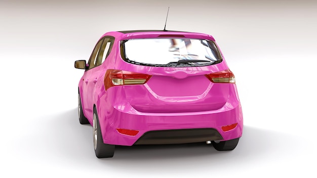Roze stadsauto met blanco oppervlak voor uw creatieve ontwerp. 3D illustratie.