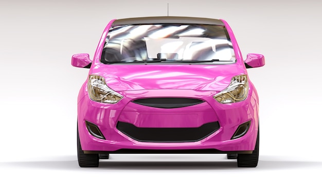 Roze stadsauto met blanco oppervlak voor uw creatieve ontwerp. 3D illustratie.