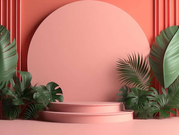 Roze stap podium mockup ronde scène met tropische bladeren monstera palmen op rode achtergrond Generatieve AI-technologie